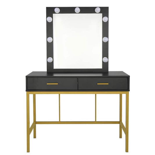 2-Drawers Black Steel Frame Makeup Vanity Table With Light Bulbs ( 57 in. H x 39 in. W x 17.7 in. D)