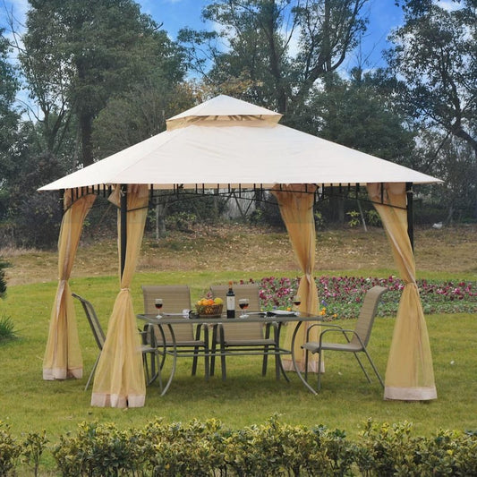 10 ft. x 10 ft. x 8.6' ft Steel Frame Gazebo Canopy with Mesh Protective Netting Double-Tier Roof Build and Modern Style