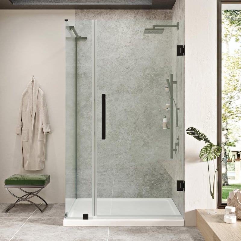 Tampa-Pro 38 in. L x 36 in. W x 72 in. H Corner Shower Kit w/Pivot Frameless Shower Door in BLK w/Shelves and Shower Pan