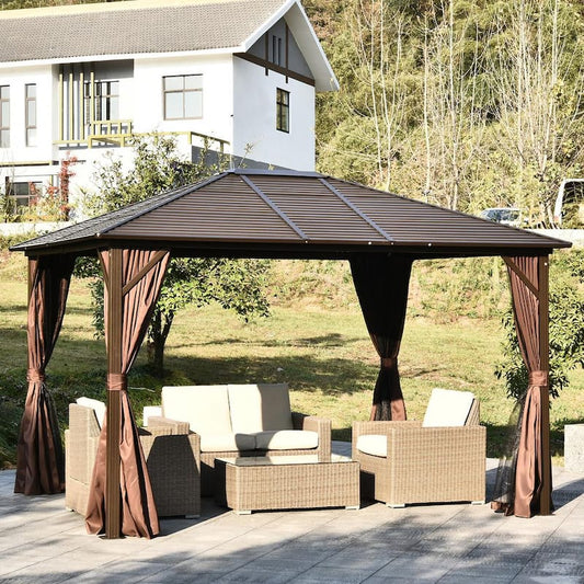 12 ft. x 10 ft. Steel Hardtop Canopy Gazebo with Fully Enclosed Zippered Curtains and Roomy Comfortable Interior, Brown