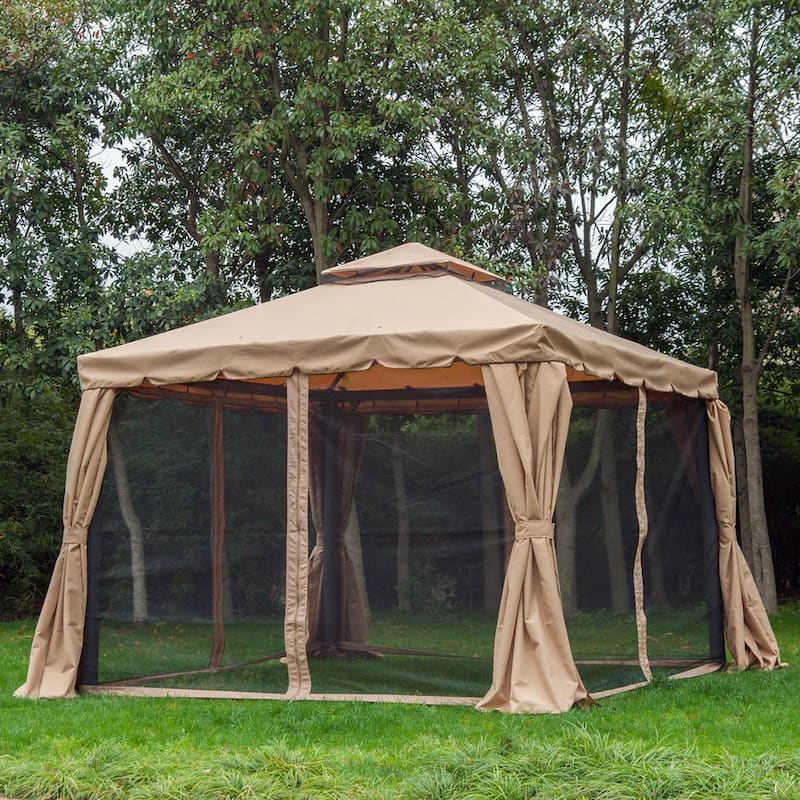 118 in. x 118 in. x 78 in. Steel Frame Patio Gazebo w/ Beautiful Polyester Curtains & Air Venting Netted Screens, Khaki