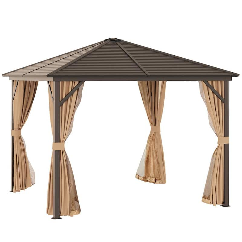 10 ft. x 10 ft. Outdoor Hardtop Patio Gazebo Steel Canopy with Aluminum Frame, Curtains, and Top Hook, Dark Brown