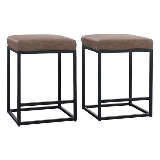 24 in. Brown Leather Cushion and Black Metal Frame Metal Bar Stool (2-pieces)