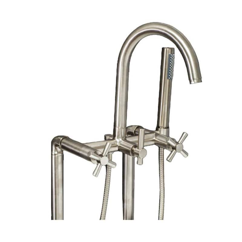 Modern 3-Handle Floor Mount Freestanding Tub Faucet with Handshower and Hose, Cross Handles, in Brushed Nickel