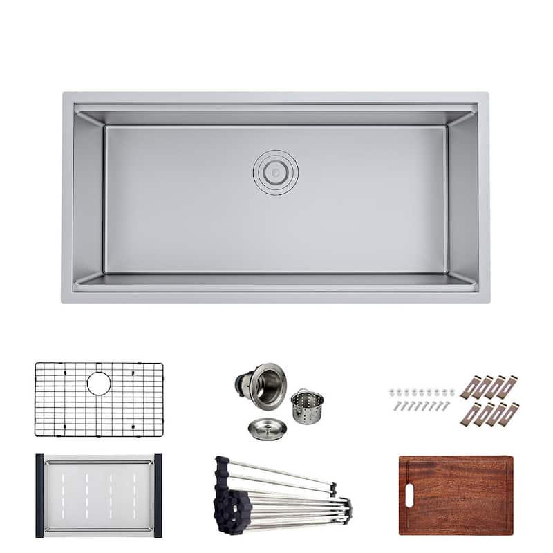 Bryn Stainless Steel 16- Gauge 36 in. Single Bowl Undermount Kitchen Sink Workstation with Bottom Grid, Drain