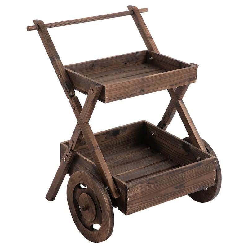 2-Tier Wooden Rustic Elevated Garden with Wheels and Handle