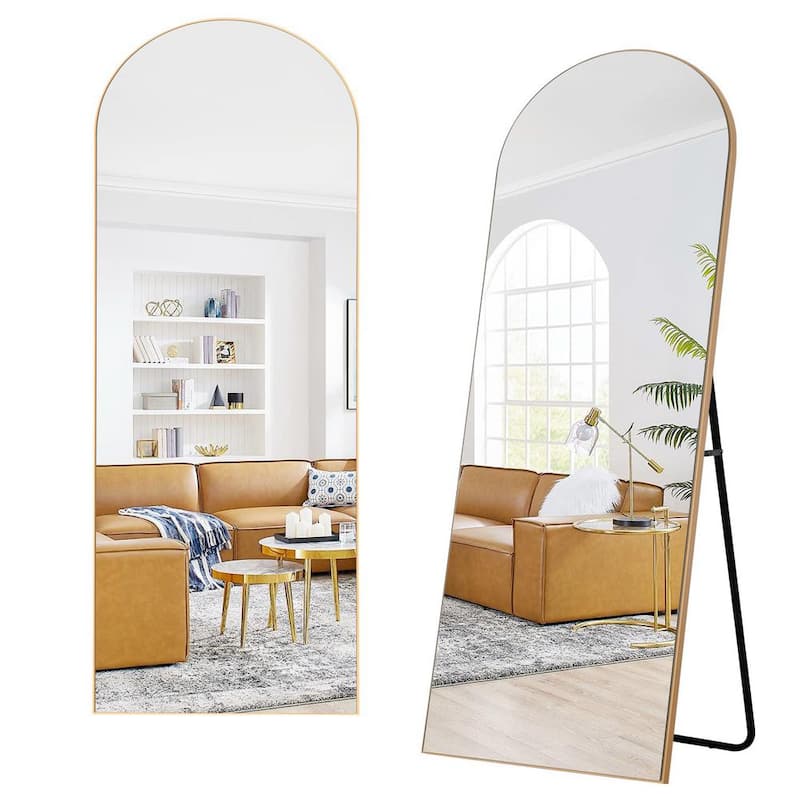 22 in. x 65 in. Modern Arched Framed Gold Full-Length Mirror Leaning Mirror with Standing Holder