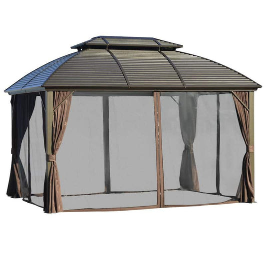 12 ft. x 10 ft. Hardtop Steel Gazebo Canopy for Patio Heavy-Duty Outdoor Pavilion with Net Sidewalls, Brown