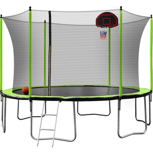 12 ft. Green Outdoor Round Trampoline with Safety Enclosure Basketball Hoop and Ladder