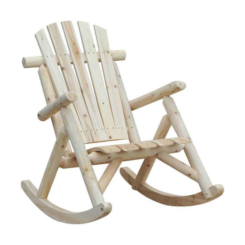 Wood Adirondack Outdoor Rocking Chair with Slatted Design and Oversize Back for Porch, Poolside, or Garden Lounging