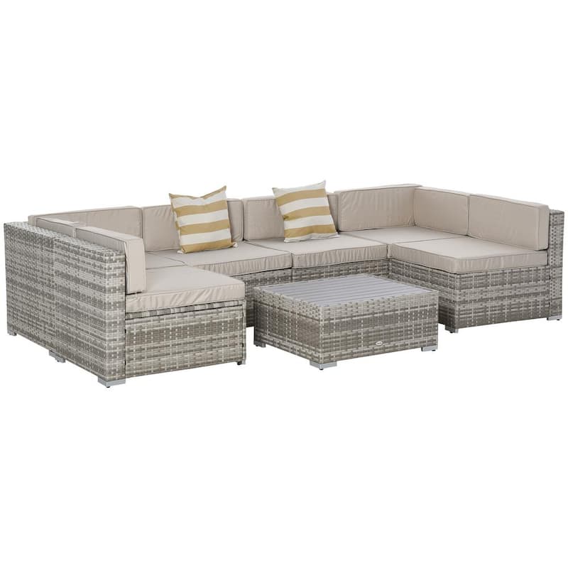 Patio Life Grey 7-Pieces Steel Plastic Rattan Patio Conversation Set with Beige Cushions