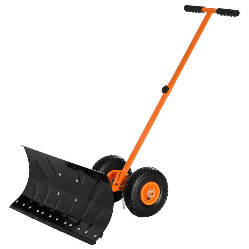 15.75 in. Metal Angle-Adjustable Handle Steel Heavy-Duty Snow Shovel Rolling Pusher w/29 in. Blade, 10 in. Wheels Orange