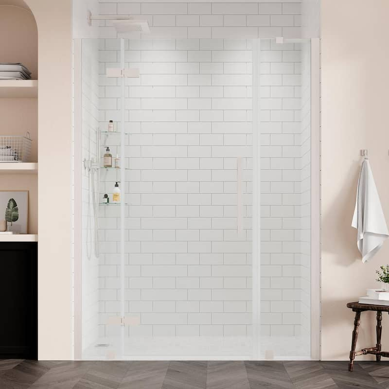 Tampa 52 1/16 in. W x 72 in. H Pivot Frameless Shower Door in SN With Shelves