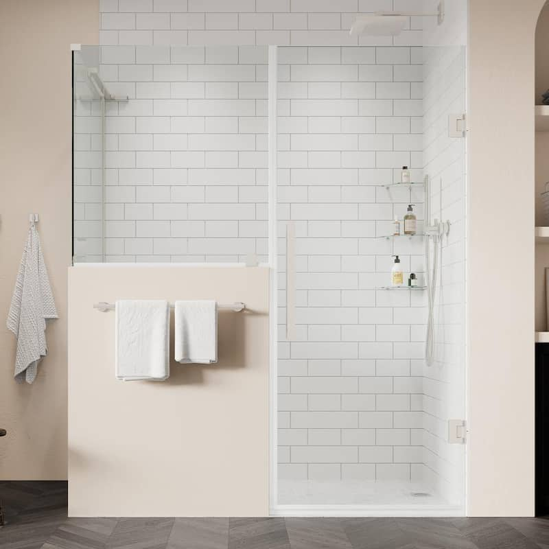 Tampa-Pro 65 7/8 in.W x 72 in.H Rectangular Pivot Frameless Corner Shower Enclosure in SN w/Buttress Panel and Shelves