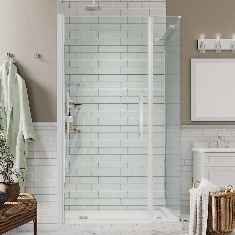 Pasadena 34-1/2 in. W x 72 in. H Rectangular Pivot Frameless Corner Shower Enclosure in Chrome with Shelves