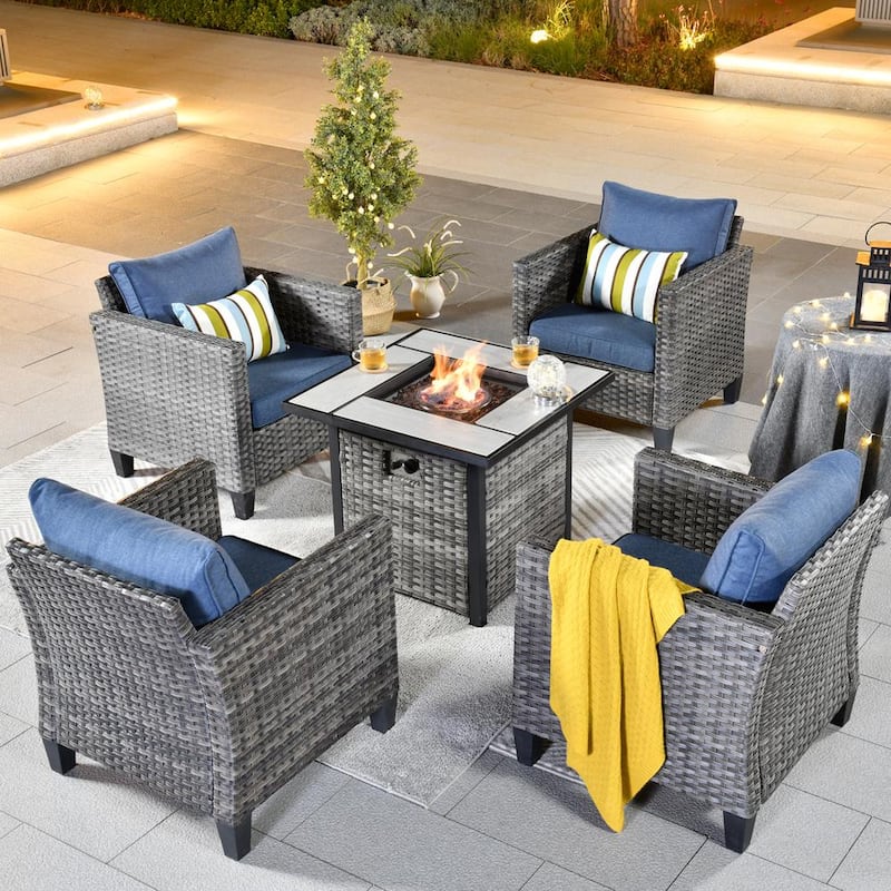 New Vultros Gray 5-Piece Wicker Patio Fire Pit Conversation Seating Set with Blue Cushions