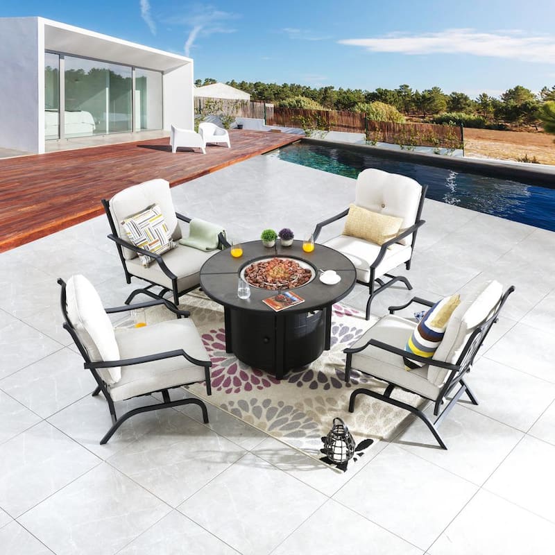 5-Piece Metal Patio Fire Pit Seating Set with Beige Cushions