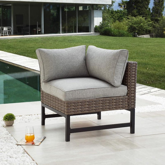 Wicker Left Arm Outdoor Sectional Chair with Gray Cushions