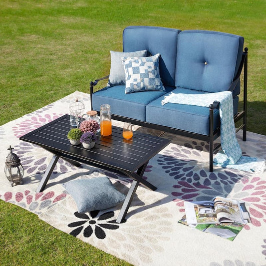 2-Piece Metal Patio Deep Seating Set with Blue Cushions