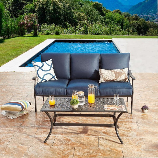 2-Piece Metal Patio Deep Seating Set with Blue Cushions