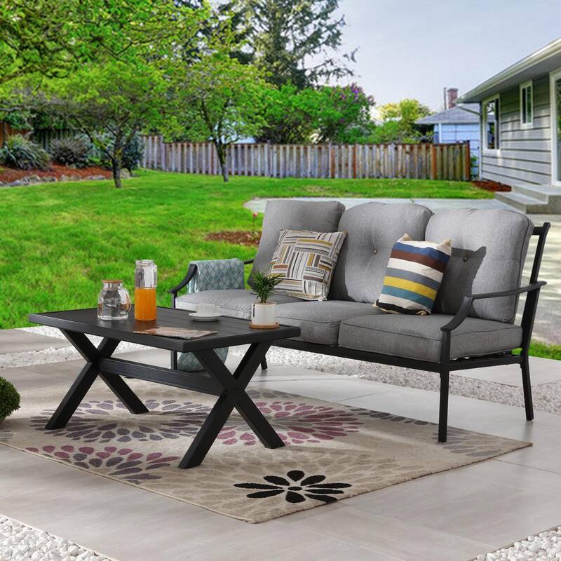 2-Piece Metal Patio Conversation Set with Grey Cushions