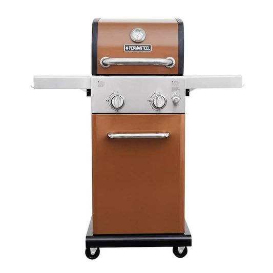 2-Burner Pedestal Propane Gas Grill in Copper With Folding Side Shelves