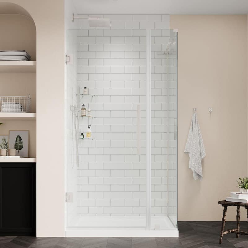 Tampa-Pro 36 in. L x 32 in. W x 72 in. H Corner Shower Kit w/Pivot Frameless Shower Door in SN w/Shelves and Shower Pan