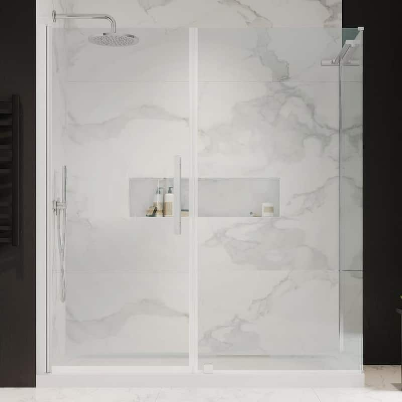 Pasadena 60 in. L x 34 in. W x 72 in. H Corner Shower Kit with Pivot Frameless Shower Door in SN and Shower Pan